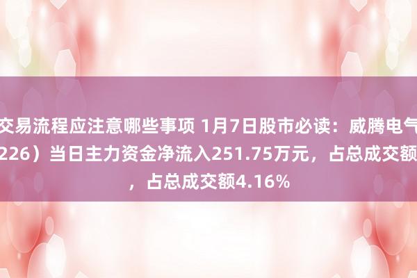 交易流程应注意哪些事项 1月7日股市必读：威腾电气（688226）当日主力资金净流入251.75万元，占总成交额4.16%